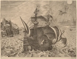 Tres mástiles armados con Dédalo e Ícaro en el cielo