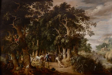 Un claro en un paisaje densamente boscoso con muchos animales y Orfeo atacado por las mujeres tracias