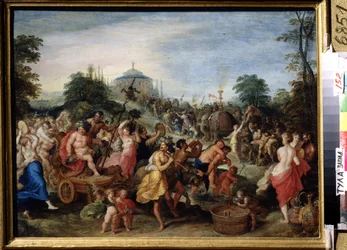 ""La procesión de Baco"" representación de una bacanal, sátiros y bacantes bailando, jugando. Pintura de Franz (Frans) Francken II el Joven (1581-1642) (ec.flam.) Museo Estatal de Arte del siglo XVII, Tula, Rusia