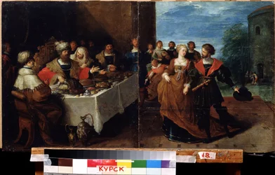 "Fiesta de Herodes" La fiesta en casa del rey Herodes Antipas (14 a.C.-40 d.C.) en la que Salomé pidió que le trajeran la cabeza de San Juan Bautista en una bandeja. En el fondo del cuadro se representa la ejecución del santo. Pintado