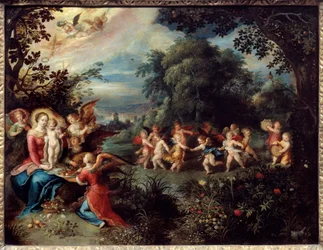 La Madonna con el niño en un paisaje rodeado de músicos y ángeles danzantes