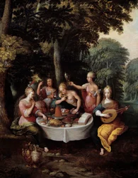 Los cinco sentidos: mujeres jóvenes en un paisaje con banquete (gusto), música (oído), espejo (vista), ramo de flores (olfato) y caricia (tacto). (detalle)