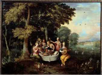 Los cinco sentidos: jóvenes mujeres en un paisaje con banquete (gusto), música (oído), espejo (vista), ramo de flores (olfato) y caricia (tacto). Pintura de Franz (Frans) Francken II el Joven (1581-1642)