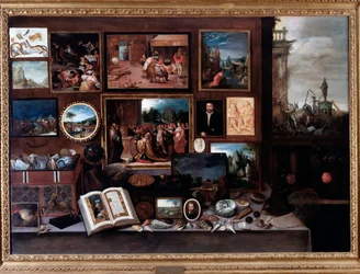 Vista de un gabinete de curiosidades o cámara de maravillas (Pintura)