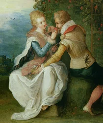 Dos amantes en un jardín