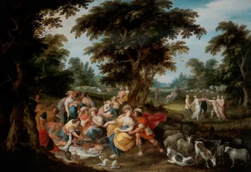 Arcadia: un paisaje pastoral con pastores y pastoras en picnic