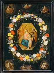 La Sagrada Familia rodeada de una guirnalda de flores ...