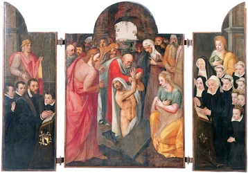 Tríptico: la resurrección de Lázaro en el compartimento central con un donante masculino arrodillado, presentado por San Jacobo y sus hijos en el ala izquierda, su esposa arrodillada, presentada por Santa Catalina y sus hijas en el ala derecha