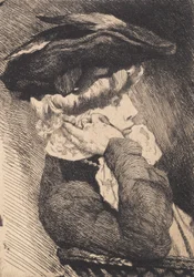 Retrato de una joven sentada con sombrero, perfil agudo