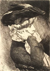 Retrato de una joven sentada con sombrero, perfil agudo