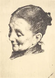 Cabeza de una anciana con la mirada hacia abajo, mirando hacia la izquierda