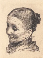 Cabeza de una anciana, mirando hacia la izquierda, con la mirada hacia abajo