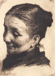 Cabeza de una anciana, mirando hacia la izquierda, con la mirada hacia abajo