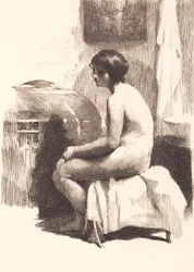 Modelo femenina desnuda, sentada en una habitación