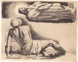 Placa de prueba: Hombre acostado y una figura de Cristo arriba