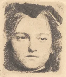Cabeza de mujer joven, de frente, con gorro. Placa de prueba