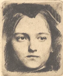 Cabeza de joven mujer, de frente, con gorro. Placa de prueba