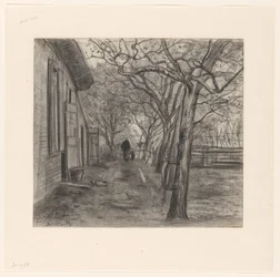 Corral con árboles, mujer y niño