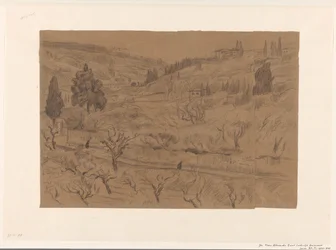 Paisaje de colinas italiano con casas y árboles
