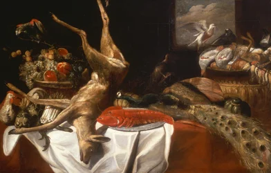 Un ciervo y pájaros muertos, una langosta en un plato, una cesta de frutas y verduras (aceite)