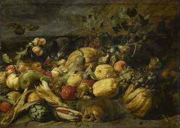 Frutas y verduras con un mono, un loro y una ardilla
