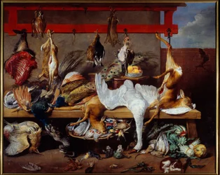 Mesa de cocina con caza, pescado y legumbres