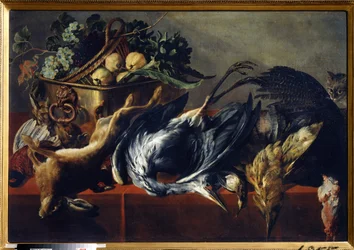 Bodegón con cofre de ébano. Pintura de Frans Snyders (1579-1657). Óleo sobre lienzo, 98 x 160 cm. Escuela flamenca, arte barroco. Museo Estatal de Arte, Tula (o Tolán).