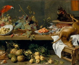 Bodegón con frutas, verduras y caza muerta