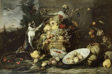 Tres monos robando frutas, con vista a un paisaje