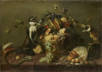 Dos monos asaltan una cesta de fruta
