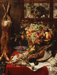 Bodegón con frutas, caza y un gato junto a una ventana