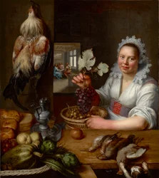 Scene de cooking avec scene du Christ a Emmaus - Escena de cocina con Cristo en Emaús, de Snyders (Snijders), Frans (1579-1657). Óleo sobre lienzo, Entre 1615 y 1620. Dimensión : 114,5x102 cm. Museo Nacional Brukenthal, Sibiu