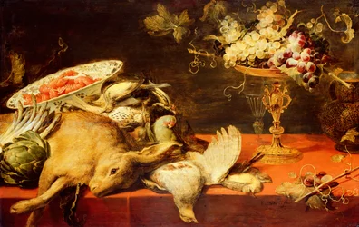 Bodegón con animales y frutas