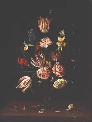 Tulipanes, rosas, un iris y un narciso
