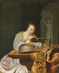 Un interior con una mujer leyendo música en una mesa parcialmente cubierta con un laúd de doble cabeza, 1671