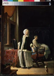 La mañana de una mujer joven. (La mañana de una señorita). Una mujer y su criada observan a un perro acicalarse. Pintura de Frans van Mieris de Oudere llamada Frans Mieris el Viejo o el Viejo (1635-1681), hacia 1660. Óleo sobre madera. arte holandés, orzue