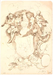 Composición heráldica: escudo de armas con tres violines invertidos, casco coronado de perro, rodeado de dos figuras y dos putti tocando el violín, todo descansando sobre una figura masculina acostada (¿Neptuno?)