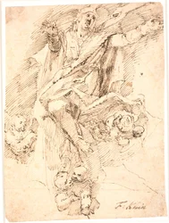 Mujer llevada al cielo por cuatro ángeles niños con los brazos extendidos