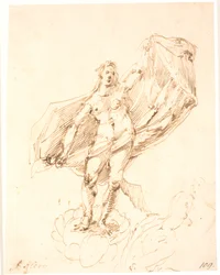 Mujer desplegando una cortina con un gran movimiento. Abajo a la derecha boceto de dos ignudi