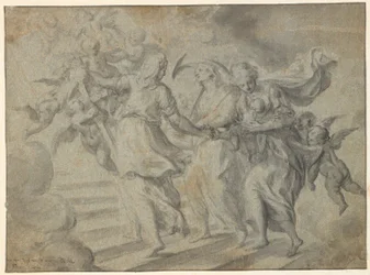 Composición religiosa: tres mujeres llevan un niño por una escalera, hacia un grupo de ángeles flotantes con una cruz