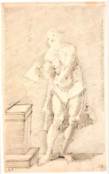 Hombre de pie con hacha de verdugo