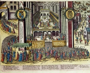 Coronación del rey Jacobo I de Inglaterra (1566-1625) en la catedral de Westminster el 25/07/1603. 1653 Estampa de Franz Hogenberg (1535-1590) Gabinete de Estampas, B.N., París.