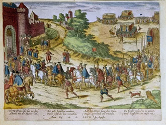 Entrada del duque Fernando Álvarez de Toledo o Fernando Álvarez de Toledo y Pimentel (1508-1582), III duque de Alba de Tormes, en Bruselas el 08/08/1567 con el ejército español. 1653 Estampa de Franz Hogenberg (1535-1590) Gabinete de Estampas, B.N., París.