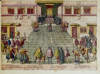 Lectura del acta de clemencia el 05/04/1574 en Bruselas: Guillermo I de Orange-Nassau, Príncipe de Orange, apodado Guillermo el Silencioso (1533-1584) iniciador de la revuelta contra Felipe II de España conocida como la Guerra de los Cuatro Veinte Años que