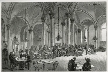 El café central en Viena (Austria). Ilustración de la historia Viena y sus suburbios, por M. Newlinski, en 1881, publicado en Le tour du monde, bajo la dirección de Edouard Charton (1807-1890)