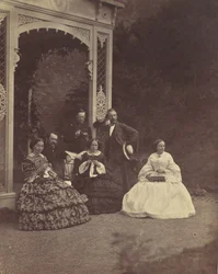 [Retrato de Tres Mujeres y Hombres en un Jardín], 1850s-60s