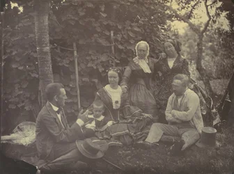 [Tres mujeres, dos hombres y un niño en un picnic], 1850s-60s