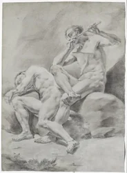 Dos hombres desnudos, durmiendo y tocando la flauta
