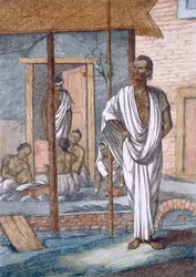 Cambista en su tienda, su escribiente registrando transacciones y una cacatúa ninfa doméstica, de «Los hindúes, o la descripción de sus costumbres, trajes y ceremonias», h. 1808-12