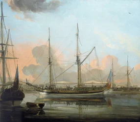 El barco "Charlotte" de Chittagong, Bangladesh, y otros barcos, anclados en el río Hugli (India), en Calcuta. Óleo sobre lienzo